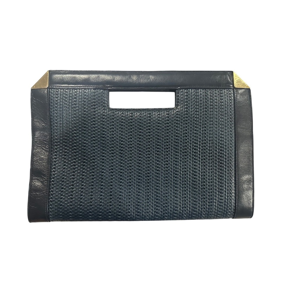 Jay Herbert New York Vintage Navy Blue Leather Woven Cutout Handle Clutch Bag
